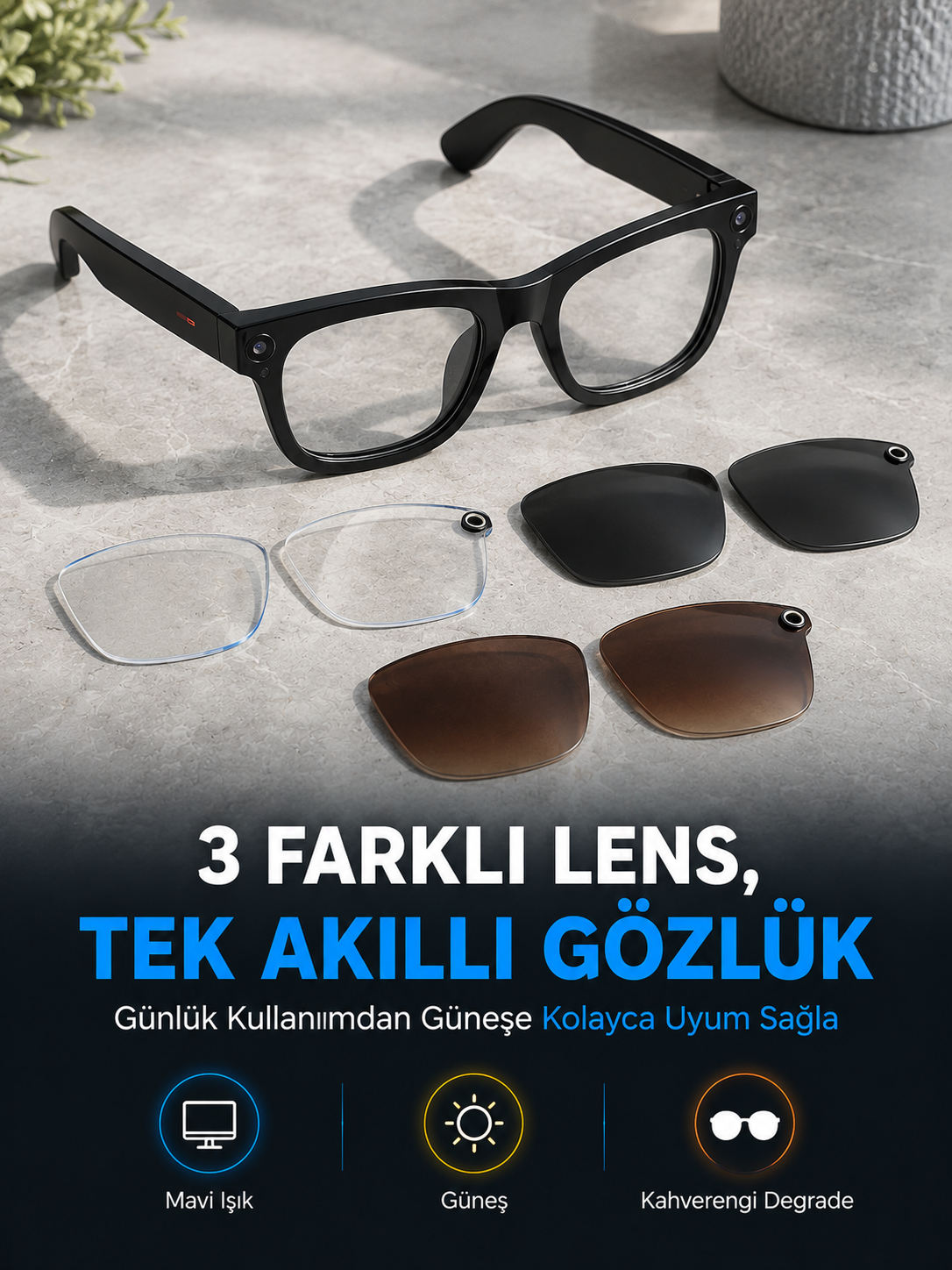 Siyah Akıllı Kamera Gözlüğü Fotoğraf Video Çekimli Bluetooth Aramalı AI Destekli 3 Değiştirilebilir Lensli