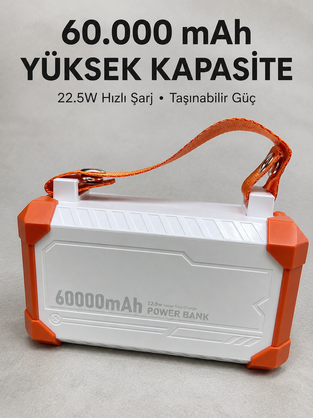Kamp ve Seyahat İçin 60000 mAh Powerbank 22.5W Hızlı Şarj Acil Durum Işıklı Taşıma Saplı 4 Entegre Kablolu