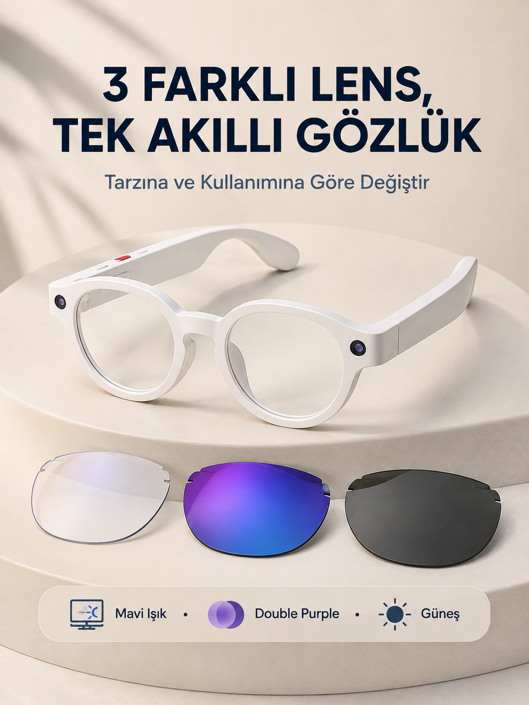 Beyaz Akıllı Kamera Gözlüğü Fotoğraf Video Çekimli Yapay Zeka Destekli Bluetooth Çoklu Dil Çeviri 3 Lensli