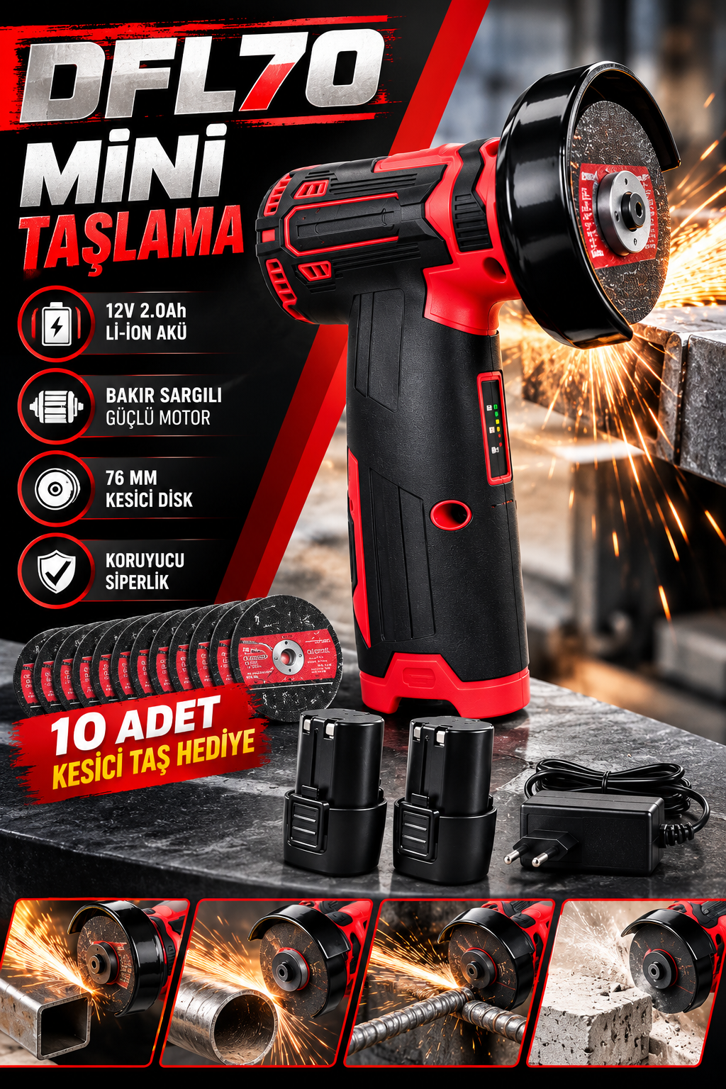 DFL70 Şarjlı Mini Taşlama Makinesi 12V Li-Ion Çift Akü 76 mm Kesici Disk ve 10 Adet Taş