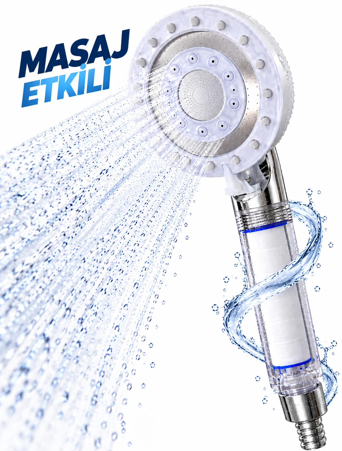 Filtreli Duş Başlığı Masaj Etkili 5 Su Akışlı Yağmur Sis Geniş Karışık Akışlı Beyaz