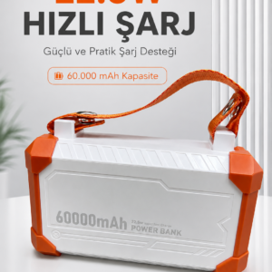 22.5W Hızlı Şarj Destekli 60000 mAh Powerbank 4 Dahili Kablolu Çoklu USB Type-C Çıkışlı Güç Bankası