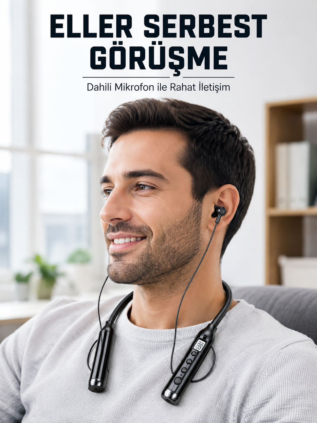 600 Saat Kullanım Süreli Boyun Tipi Bluetooth Kulaklık Mikrofonlu Dijital Göstergeli Kablosuz Kulak İçi Kulaklık
