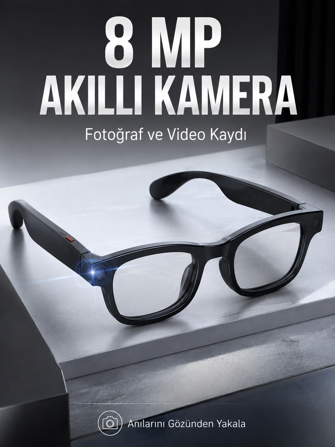 Siyah Bluetooth Akıllı Kamera Gözlüğü 8 MP Kameralı AI Çeviri Wi-Fi Fotoğraf Video Müzik Arama ve Dokunmatik Kontrollü