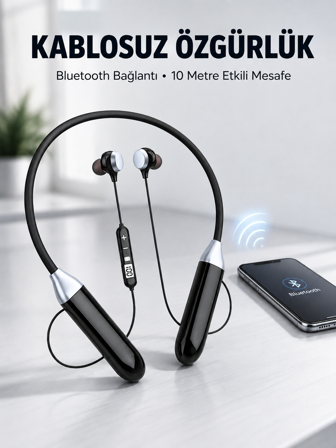 Mikrofonlu Boyun Bantlı Bluetooth Kulaklık Kablosuz Bağlantılı Ses ve Müzik Kontrollü Kulak İçi Kulaklık