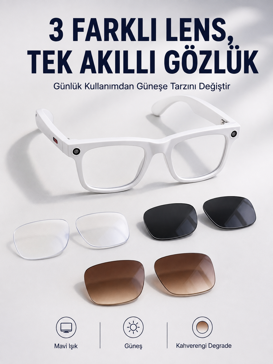 Yapay Zeka Destekli Akıllı Gözlük Dahili Kameralı Bluetooth Müzik ve Arama Özellikli Ses Kontrollü Değiştirilebilir Lensli