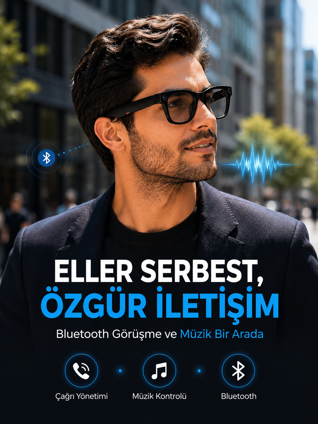Siyah Kameralı Akıllı Gözlük Bluetooth Telefon Görüşmeli Video Fotoğraf ve Ses Kayıtlı Dokunmatik Kontrollü
