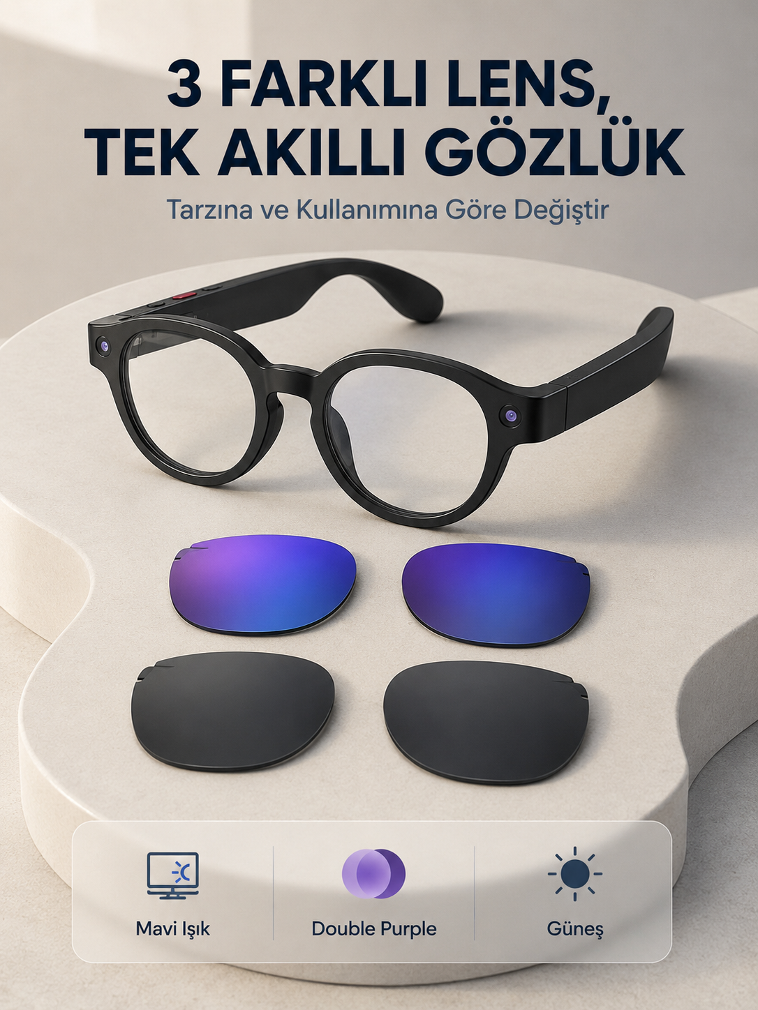 Siyah Akıllı Kamera Gözlüğü Fotoğraf Video Çekimli Yapay Zeka Destekli Bluetooth Çoklu Dil Çeviri 3 Lensli