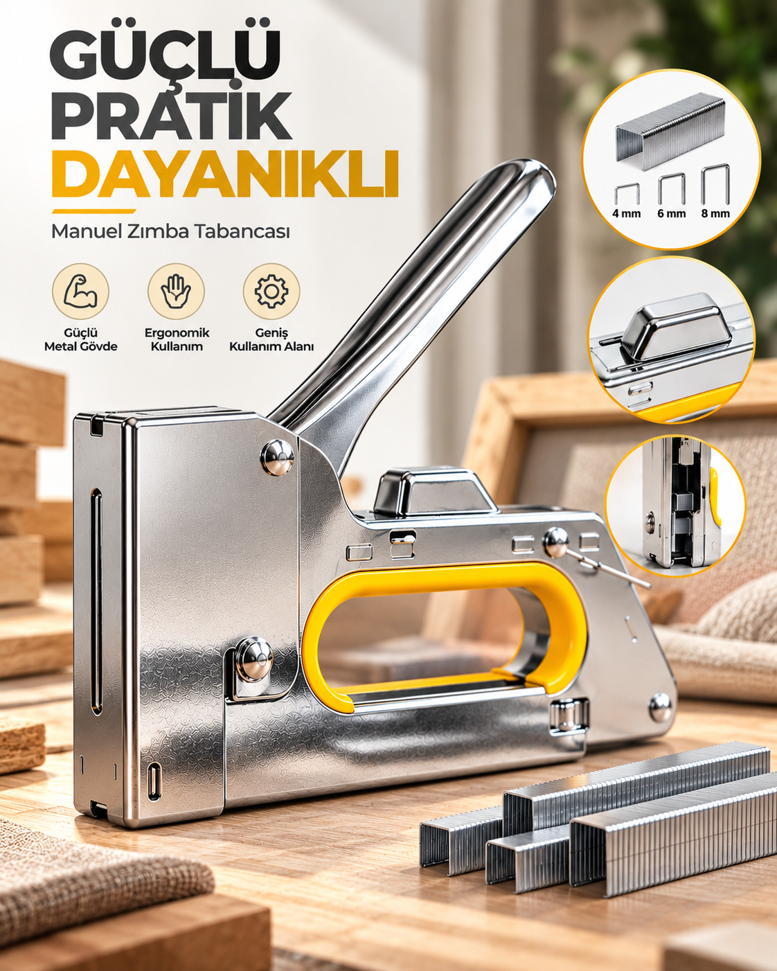 Güçlü Metal Gövdeli Manuel Zımba Tabancası No.13 4-6-8 mm Döşeme Kumaş Ahşap Sabitleme