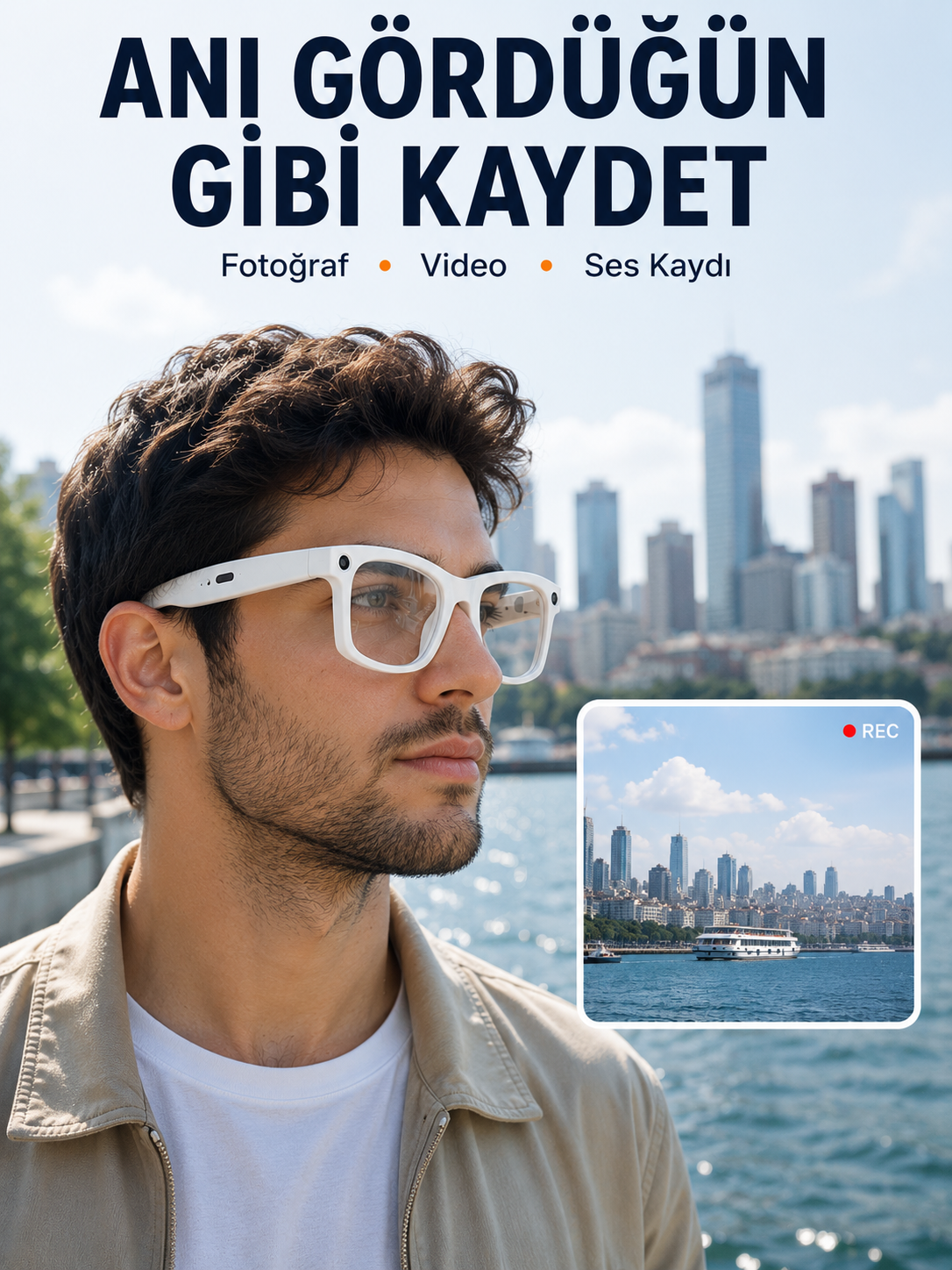 3 Lensli Kameralı Akıllı Gözlük AI Sesli Asistan Çeviri Bluetooth Görüşme Müzik Fotoğraf Video Kayıt Özellikli