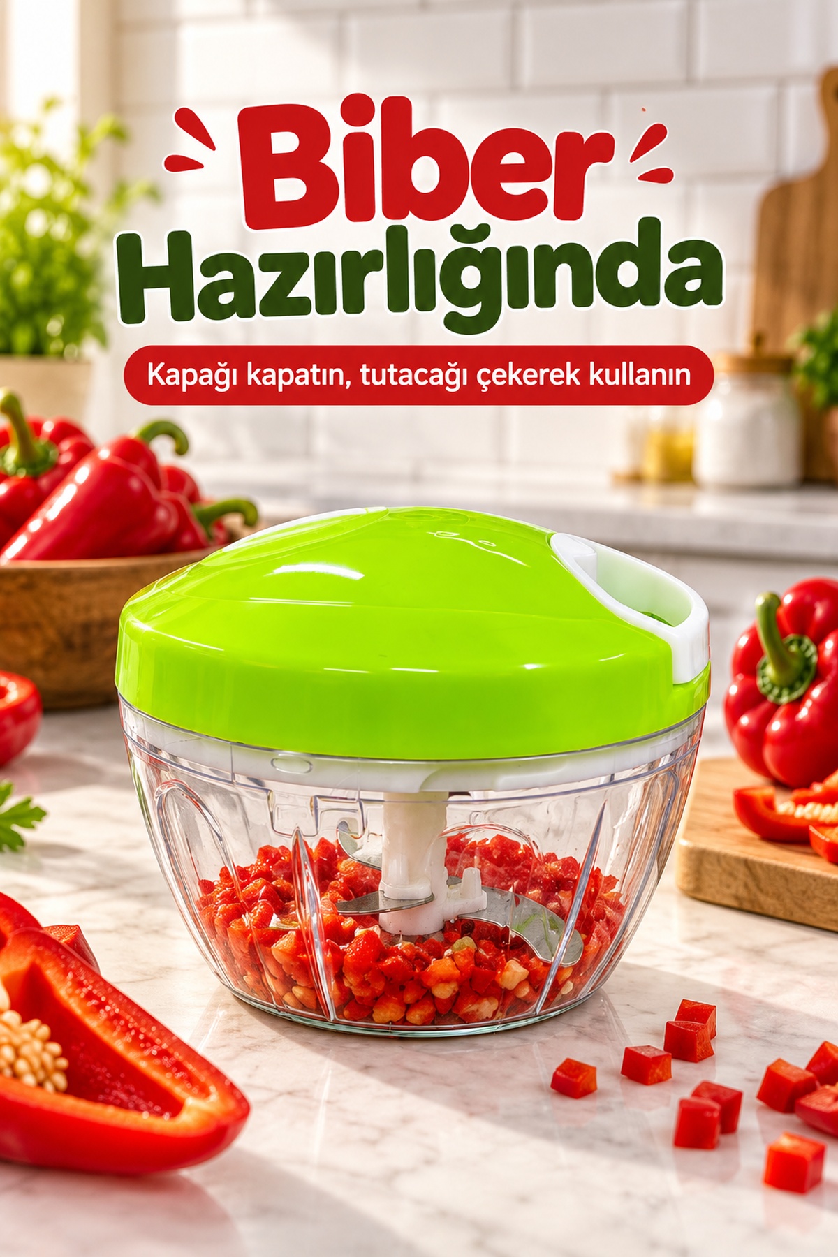 İpli Sarımsak Doğrayıcı Yeşil Kapaklı Manuel Mutfak Doğrayıcısı