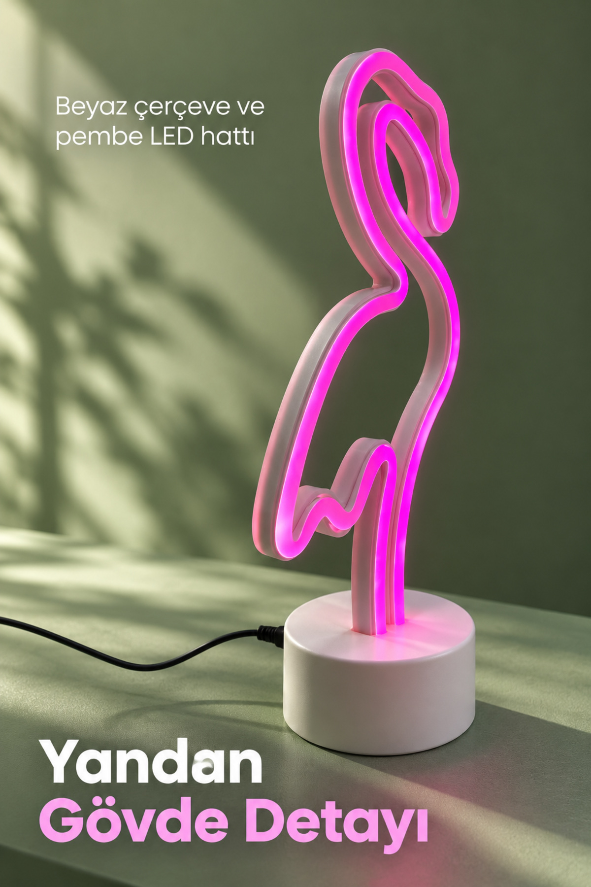 Dekoratif Flamingo Neon Lamba Pembe Işıklı Beyaz Tabanlı