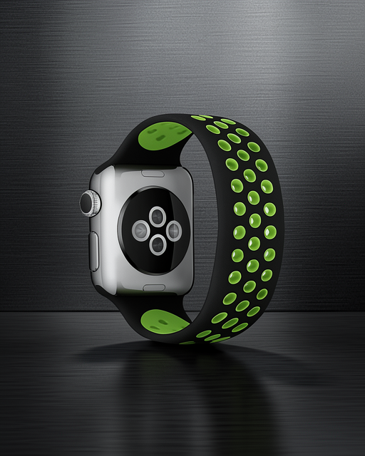 Apple Watch 42mm Ayarlı Delikli Silikon Kordon - Siyah-yeşil