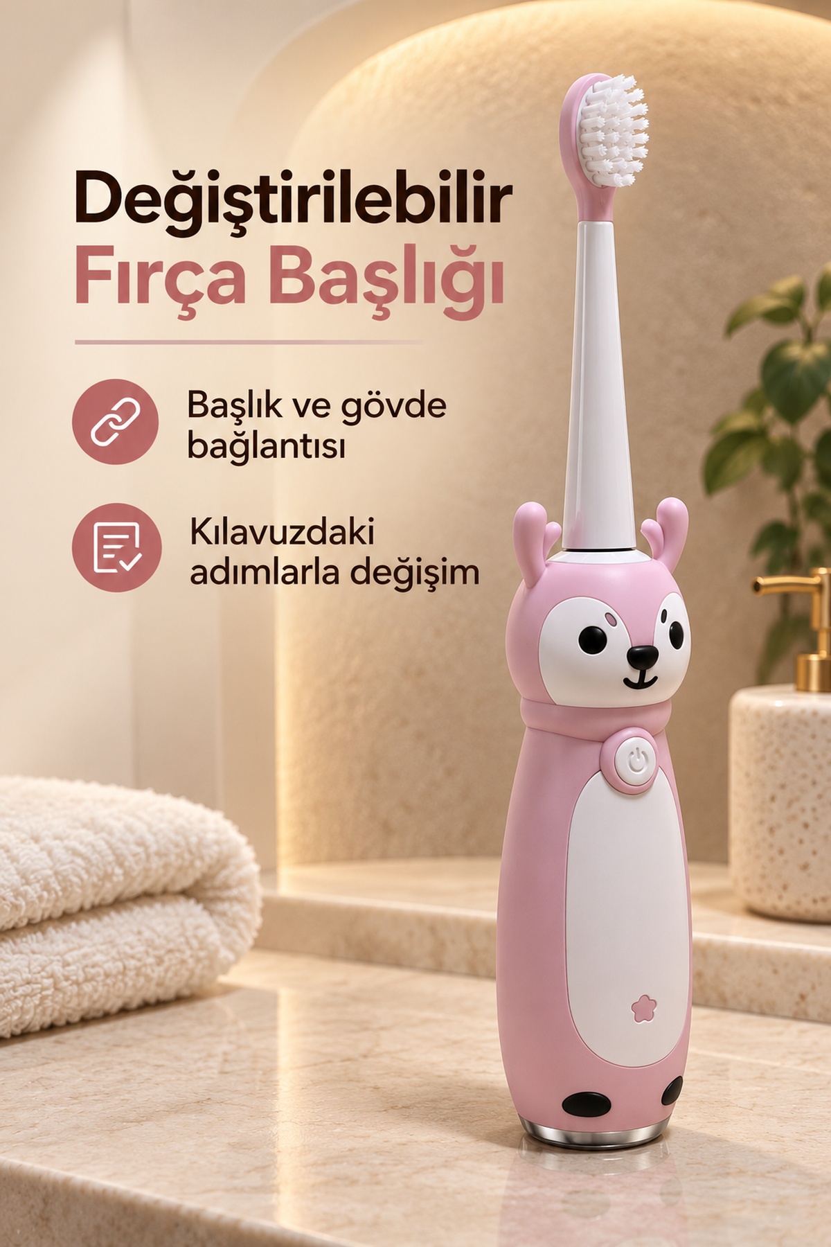 Çocuk Diş Fırçası Pembe Gövdeli Açma Kapama Düğmeli
