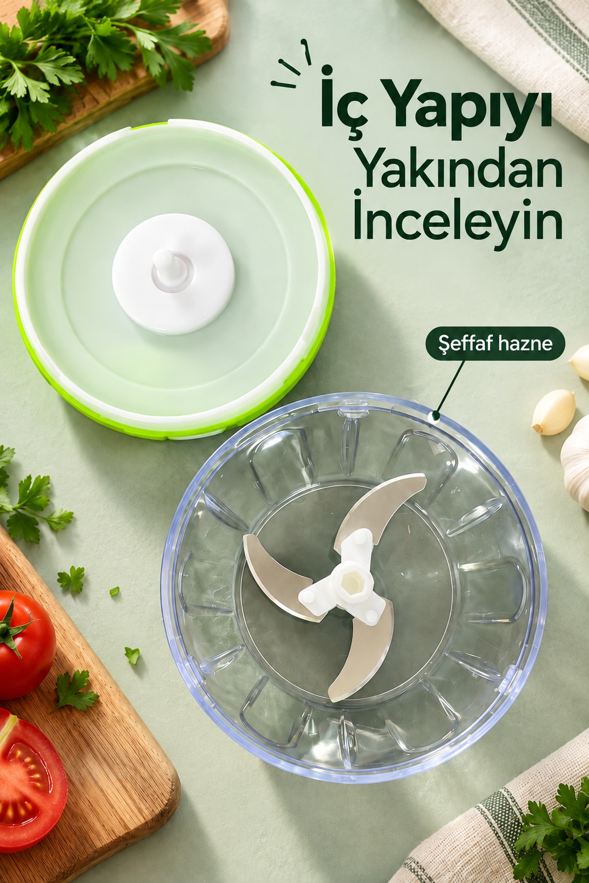 İpli Rondo Yeşil Kapaklı Şeffaf Hazneli Sebze Doğrayıcı