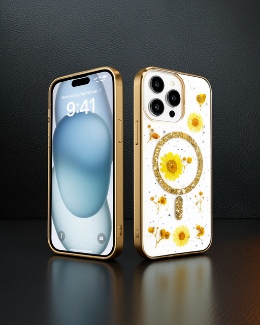 Apple İphone 15 Pro Kılıf Daisy Simli Magsafe Kapak - Gold