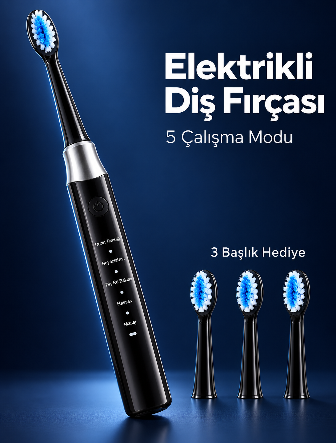 3 Yedek Başlık Hediyeli USB Şarjlı Siyah Elektrikli Diş Fırçası