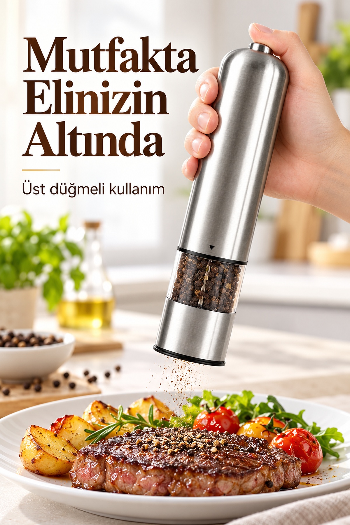 Şeffaf Hazneli Tuz Karabiber Öğütücü Pilli Taşınabilir Mutfak Aleti