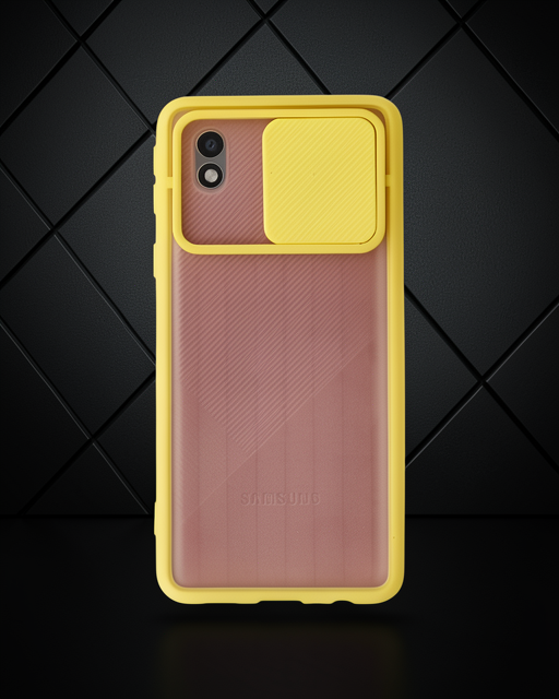 Samsung Galaxy A01 Core Kılıf Palm Buzlu Kamera Sürgülü Silikon - Sarı