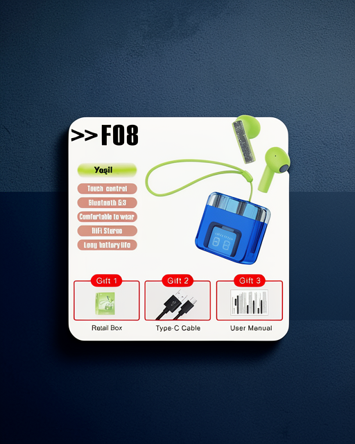 F08 Dijital Şarj Göstergeli Tws Bluetooth Kulaklık - Yeşil