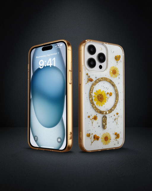 Apple İphone 14 Pro Kılıf Daisy Simli Magsafe Kapak - Gold