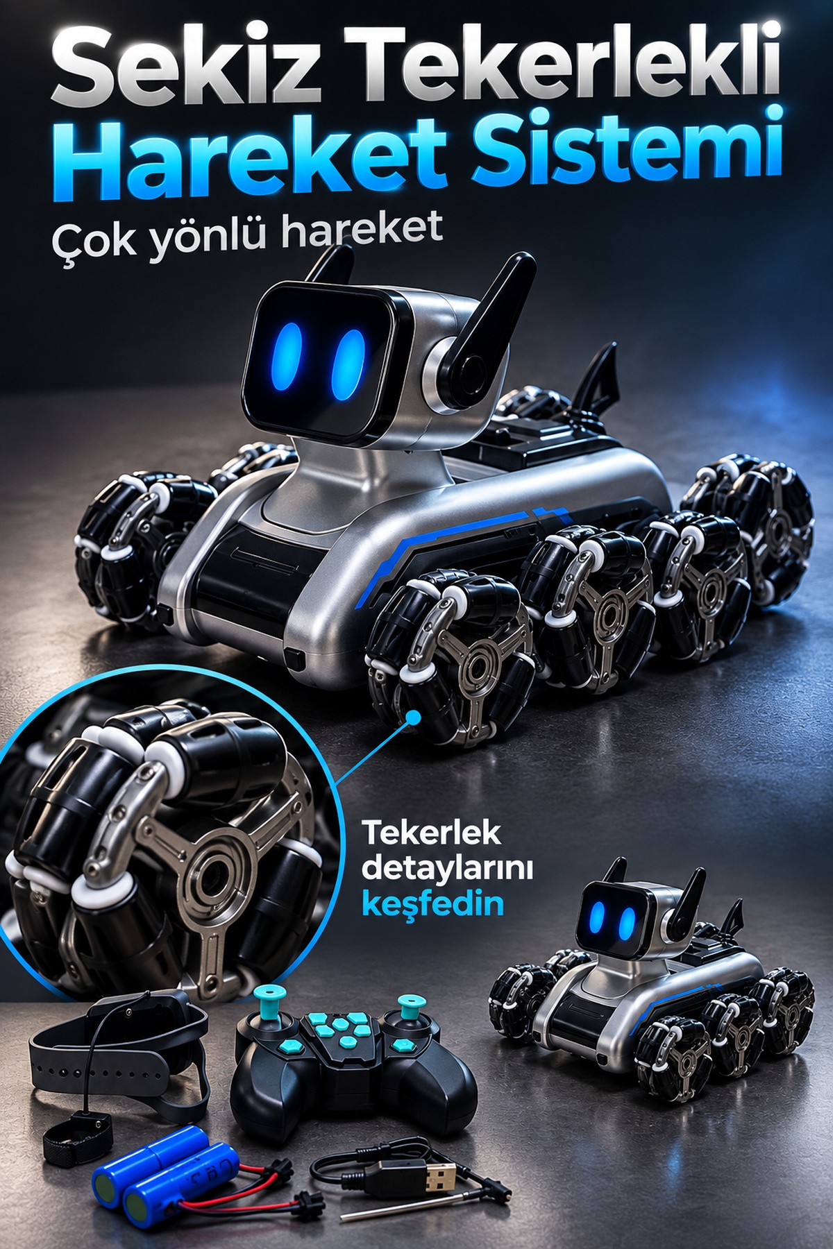 Saat Kumandalı Sekiz Tekerlekli Şarjlı Robot Köpek