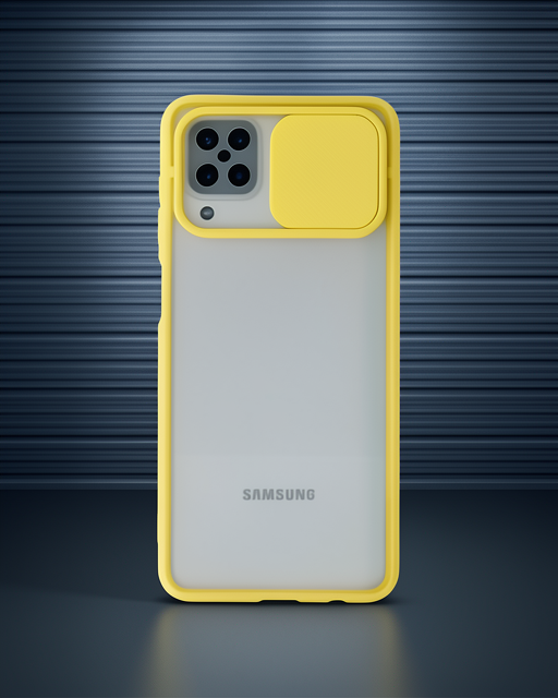 Samsung Galaxy A12 Kılıf Palm Buzlu Kamera Sürgülü Silikon - Sarı