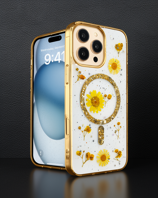 Apple İphone 16 Pro Kılıf Daisy Simli Magsafe Kapak - Gold